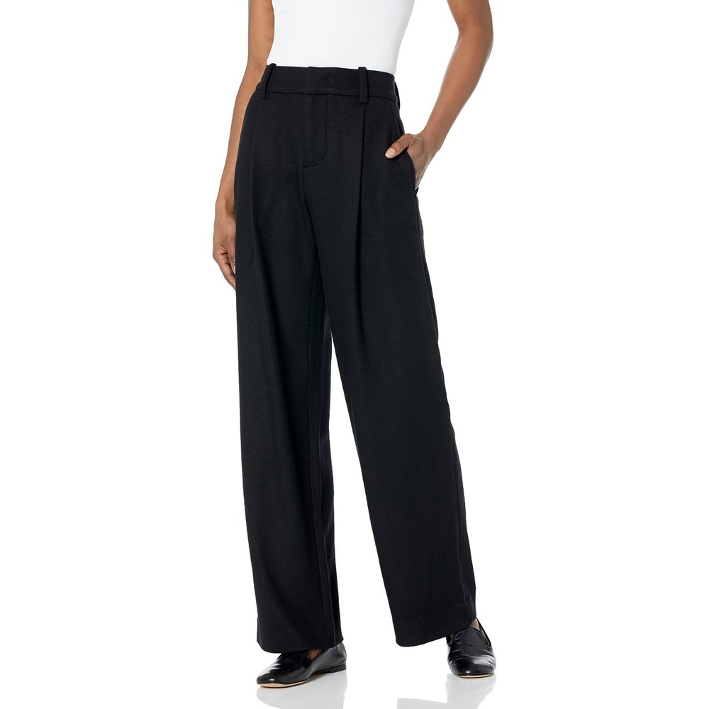 Vince Black Wide Leg Pleated Wool Pants High Rise Trousers Size 14 Women's